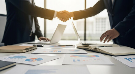Business Collaboration and Data Analysis. Charts and notebooks are laid out on the conference table, while two people shake hands in the background, conveying  an atmosphere of cooperation