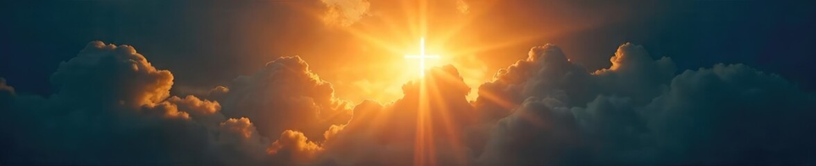 A symbolic image depicting the concept of Christian salvation; a bright light shining through dark clouds, representing hope and redemption ,  sacrifice,  heaven