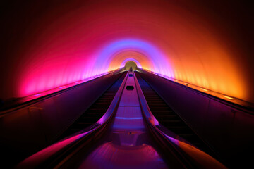 A view down a futuristic tunnel with colorful lights illuminating the curved walls and the center track