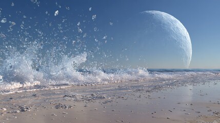 Surreal Beachscape - Waves Crashing Under a Giant Moon.