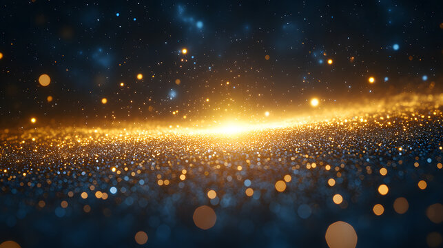 Soft abstract yellow light waves with cyan blue highlights and bokeh effect on a black backdrop, sparkling bokeh