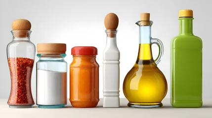 assortment of glass bottles and jars filled with seasonings and oil © MACKY