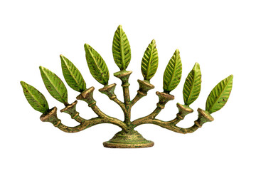 a metal candelab with green leaves on it