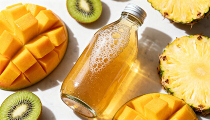 Tropical elixir of refreshment: A studio shot showcases a refreshing juice and diverse fruit selection, vibrant colours that awaken the senses, inviting viewers to indulge in a tropical paradise.