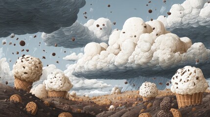 Surreal Landscape with Ice Cream Cones and Cloud Creatures.