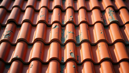 Close-up of red-tiled roofs, vivid and dazzling in color. Some tiles bear the marks of time, telling tales of the vicissitudes of passing years