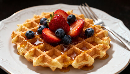 Golden Waffle Delight: A mouthwatering waffle, drizzled with syrup and topped with fresh berries, offers a tempting visual of pure breakfast pleasure.