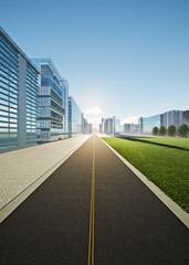 Fototapeta premium 3d rendering of street in city. Include green field or vacant land, high rise building and blue sky. Concept background of real estate, property, utility infrastructure and city development.