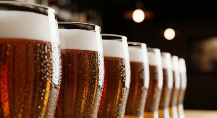 Five chilled beers sit side by side, their rich foam crowned with droplets of condensation, creating an atmosphere of refreshing coolness