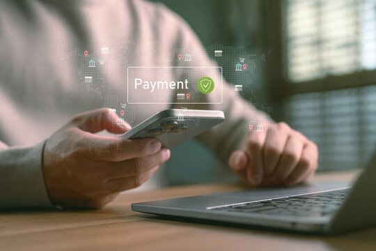 Online payment confirmation with mobile phone,secure transaction technology concept,contactless digital banking,financial data transfer and e-commerce authentication process