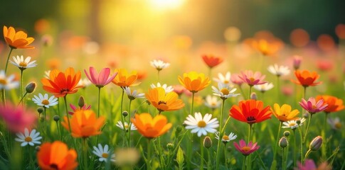 Obraz premium A vibrant field of wildflowers bathed in the warm sunlight of spring, a joyful scene of carefree nature Perfect for themes of renewal, freedom, and happiness , blossom, season, nature