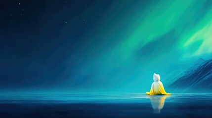 Figure in Yellow Cloak Under Northern Lights