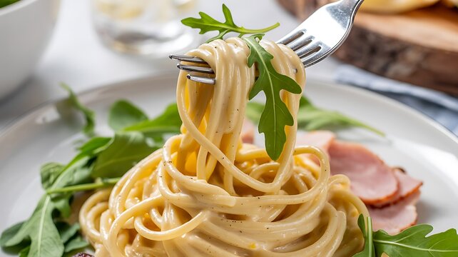 Creamy Spaghetti Pasta Twirled on Fork Close-Up