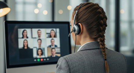 In a remote work scenario during an online meeting, a woman wearing headphones stares at her computer  screen while participating in a multi-person video call