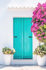 Turquoise Door with Pink Flowers and Cactus