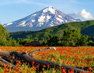 Snowy mountain over a field of red flowers