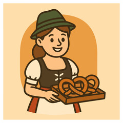 Bavarian waitress holding pretzels in dirndl