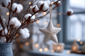 White cotton branches with hanging star ornament