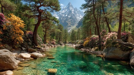 Fototapeta premium Forest River View with Distant Mountains