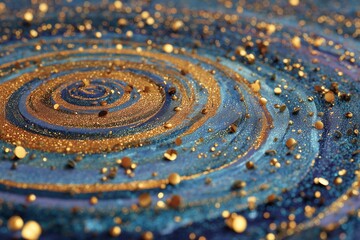 Abstract gold glitter circle pattern in motion on blue background