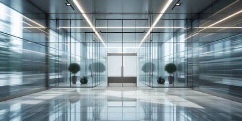 Elegant Office Lobby with Silver Glass, Gentle Motion Effect, and a Clean and Professional Corporate Image