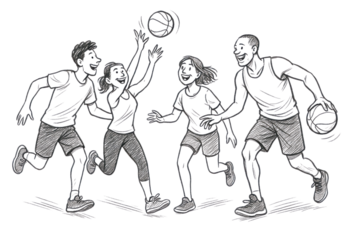 Black and White Sketch Illustration of Four People Playing Basketball