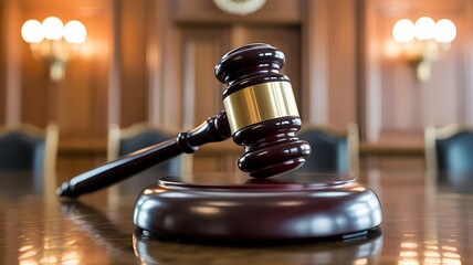 Wooden Gavel on Sound Block in Courtroom with Warm Lighting
