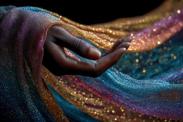 Woman's hand holding a sparkling colorful fabric