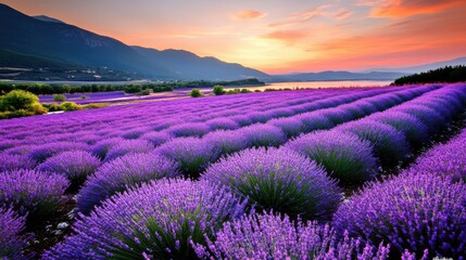 Lavender Field at Sunset with Mountains