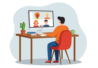 Illustration of man attending online meeting from home office desk