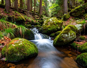 A tranquil mountain stream flowing through a mossy forest