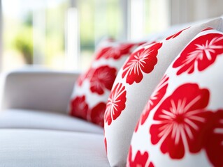 White Sofa with Red Floral Pattern Cushions