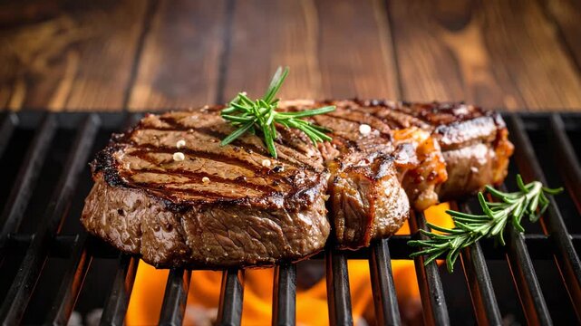 Juicy steak cooking over open flame with rosemary sprig on a grill for a barbecue, with grilled marks and pepper seasoning.