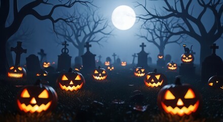 Spooky Halloween Cemetery Scene with Jack O Lanterns and Full Moon graveyard pumpkins