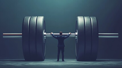 Businessman lifting heavy barbell in gym.