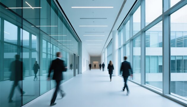 Modern Office Hallway with Blurred People Walking