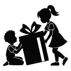 Children Opening Large Gift Box Silhouette Vector Illustration