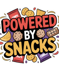 Fototapeta premium Powered by Snacks Typography with Chips Cookies and Candy Bar food isolated on a transparent background