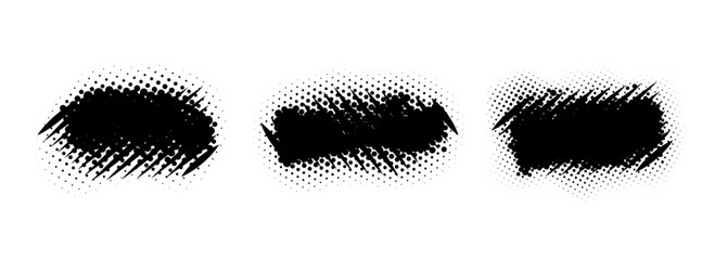 Grunge comic pop art banner set. Rough dotted and striped grainy dirty shape collection. Halftone spray paint frame pack. Vector distressed elements for flyer, text box, poster, badge, collage, border