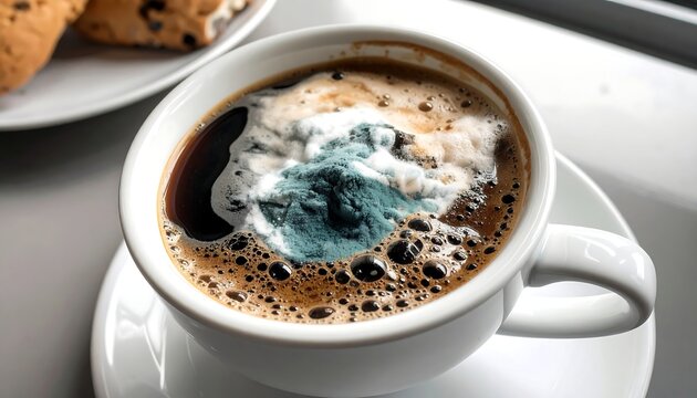 Coffee with a teal powder topping, frothy crema, and biscuits in the background