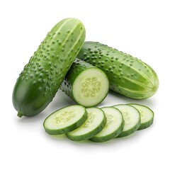 Fresh cucumbers, whole and sliced, displayed against a pure white background.