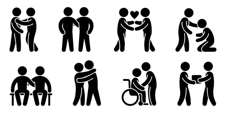 Stick figure family and community icons vector – people silhouettes showing friendship, support, parenting, helping, and social care activities in black design