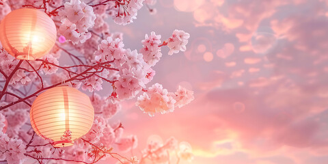 Softly glowing lanterns illuminate delicate cherry blossoms against a dreamy pink sunset sky.