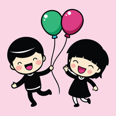 Happy Cartoon Kids Holding Balloons Vector Illustration