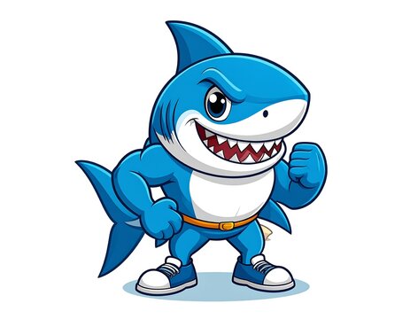 Cartoon shark character, muscular, friendly, poses