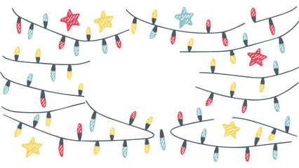 Hand drawn Christmas lights border with colorful bulbs and festive stars for holiday decoration and cheerful celebration design