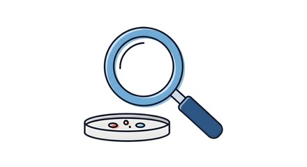 Scientific research and analysis concept with a magnifying glass examining a petri dish culture for microbiology discovery