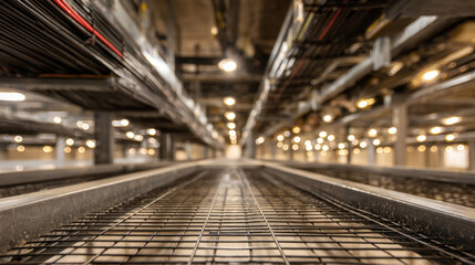 Industrial cable trays filled with bundled wires in perspective view with blurred lights in the background