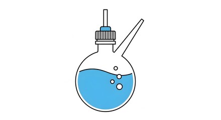 Scientific laboratory flask with bubbling blue liquid inside. A vector graphic icon representing chemistry research and experimentation