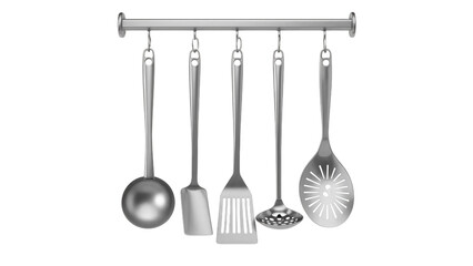 Kitchen Utensils Hanging on Rack: Ladle, Spatula, Skimmer - Stainless Steel Cooking Tools for Food Preparation and Culinary Isolated on White Background, PNG